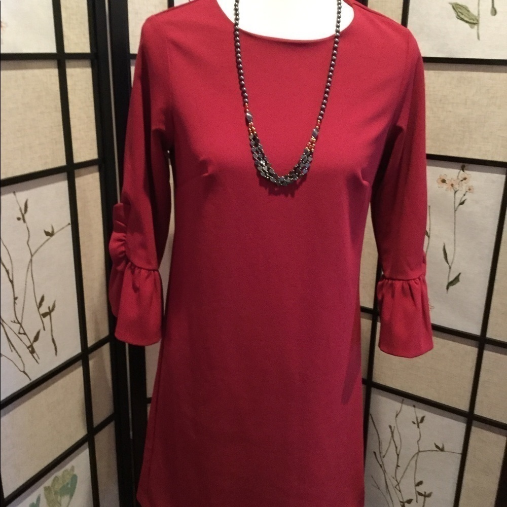 Nanette LePore Cranberry Red Shift Dress with Bell Sleeves Size 2